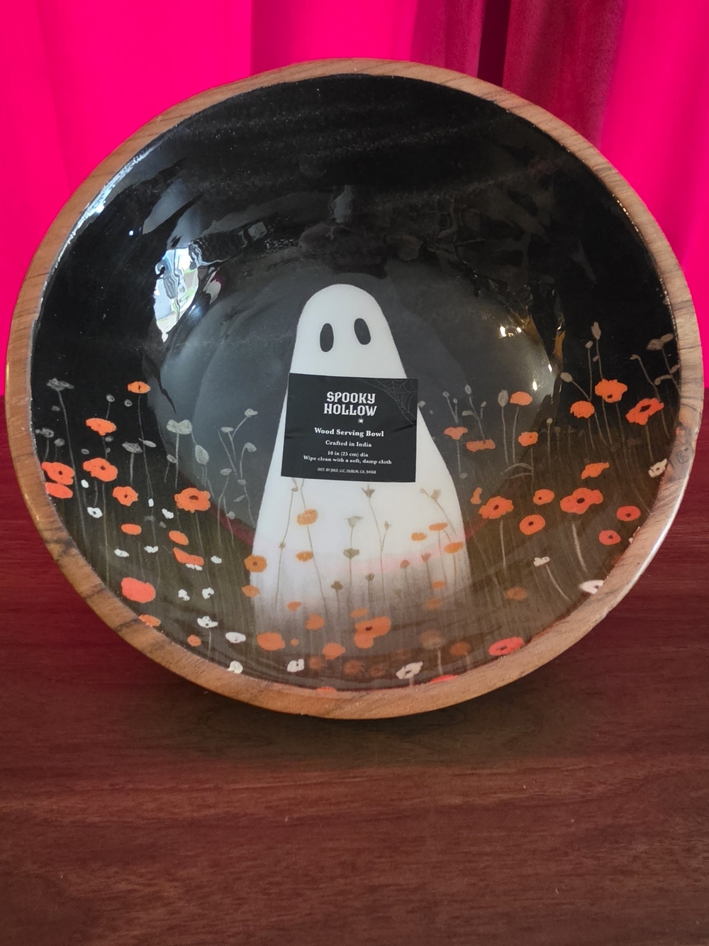 Spooky Hollow Ghost Enameled Wood Serving Bowl - Black & Orange Floral